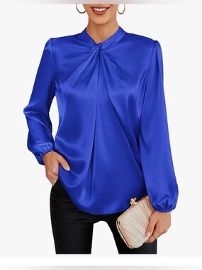 Grace Karin Royal Blue Satin Twist Neck Blouse | Loose Fit | NWT